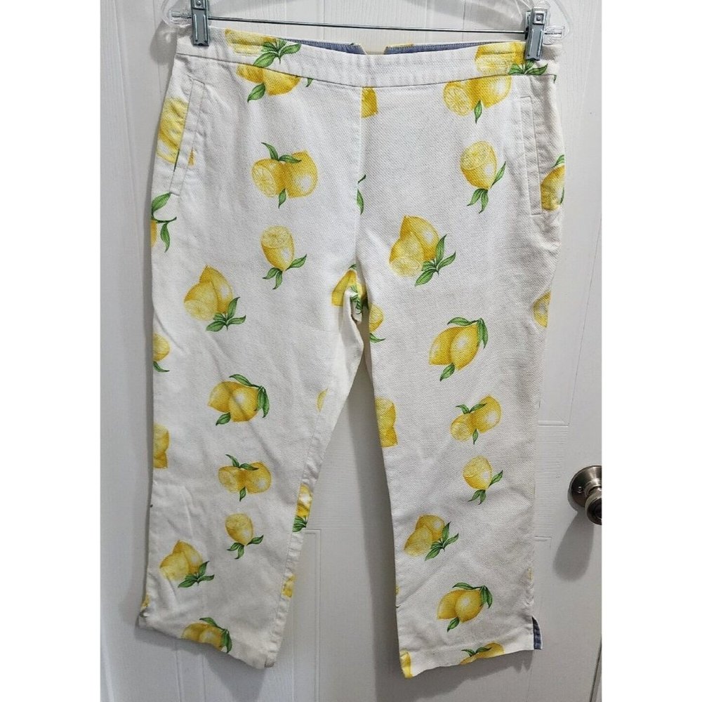 Vtg Tommy Hilfiger White/Yellow‎ Lemon Print Cropped Stretch Pants Women's Sz 8